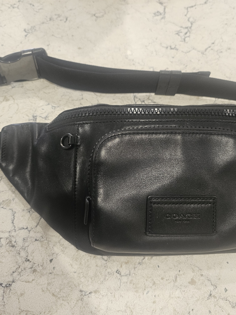 Coach Black Leather Waist Bag with Front Patch